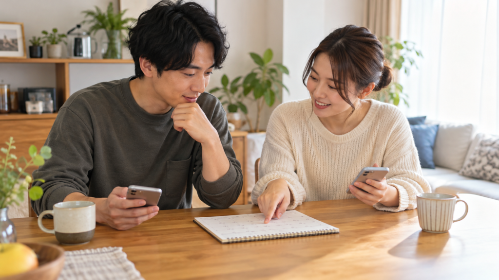 予定表と端末を見ながら過ごし方を相談する成人カップル