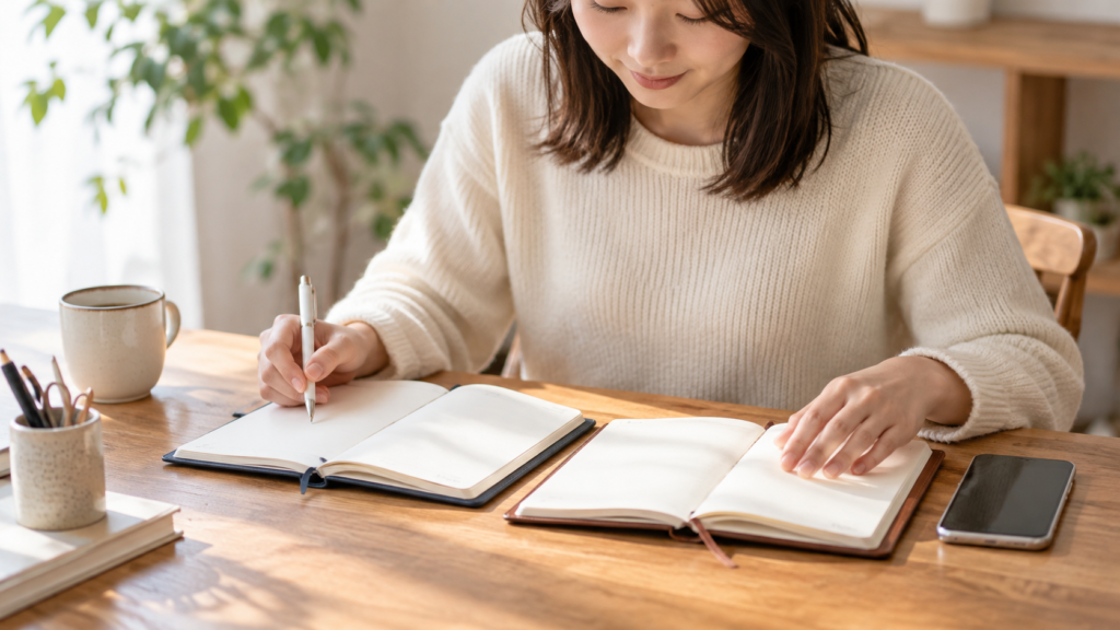 共有していた手帳と自分の手帳を落ち着いて整理する手元