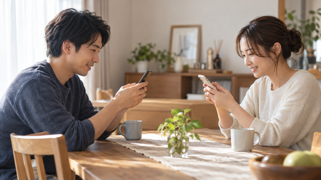 向かい合ってカレンダーの招待を確認する二人