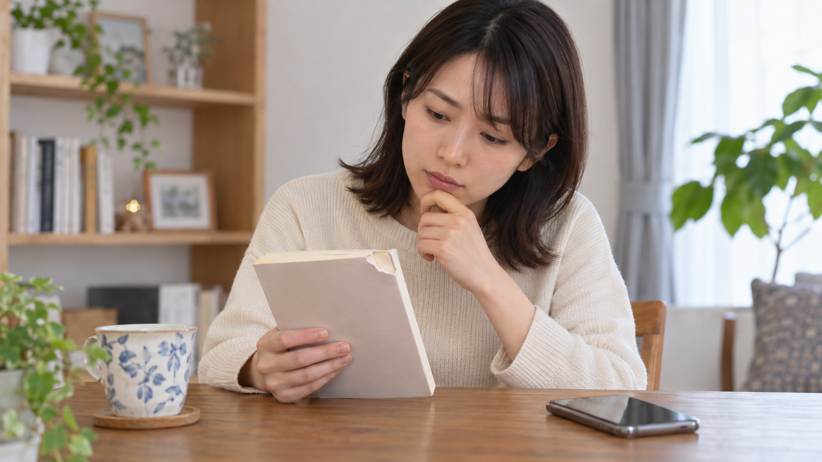 傷んだ借り物の本を前に連絡方法を考える女性