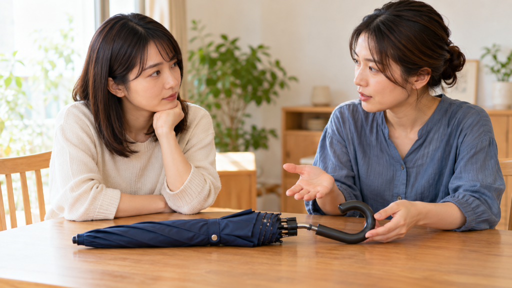 借りた傘の状態と今後の対応を落ち着いて相談する友達