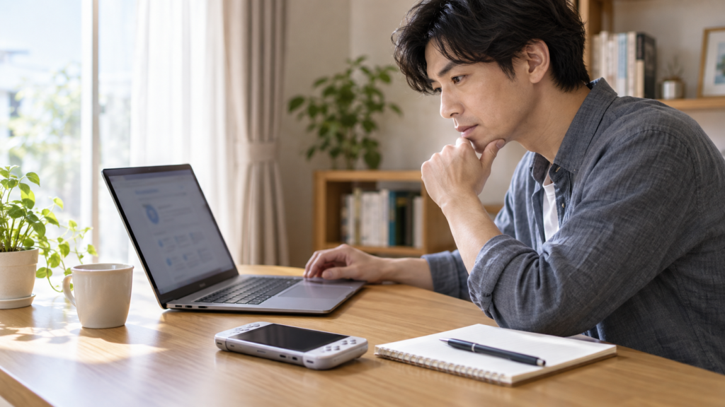 機器の修理案内を確認するためパソコンを見る男性