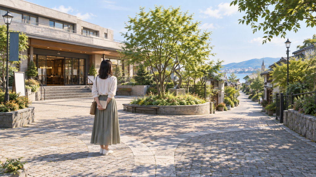 一人参加の会場と街歩きの選択肢を思い描く架空の説明イメージ