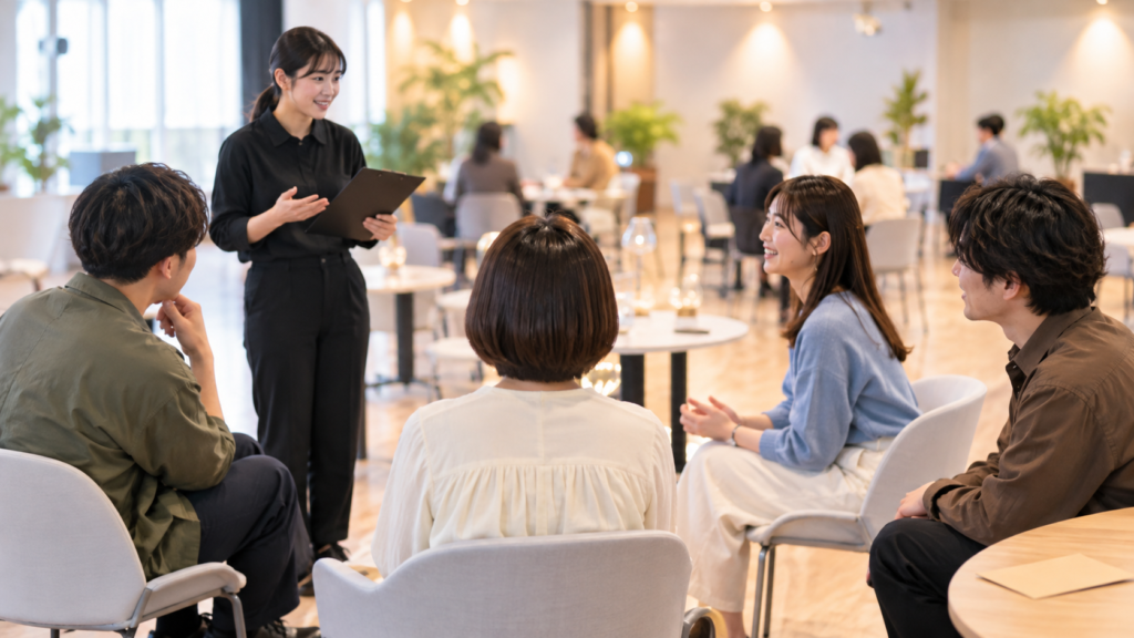 会場で初対面の参加者が短く相談する架空の説明イメージ