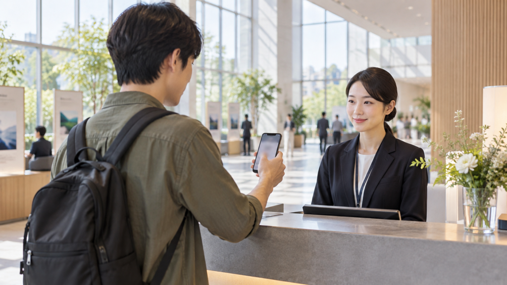 イベントの受付で一人参加者が電子チケットを提示する架空の説明イメージ