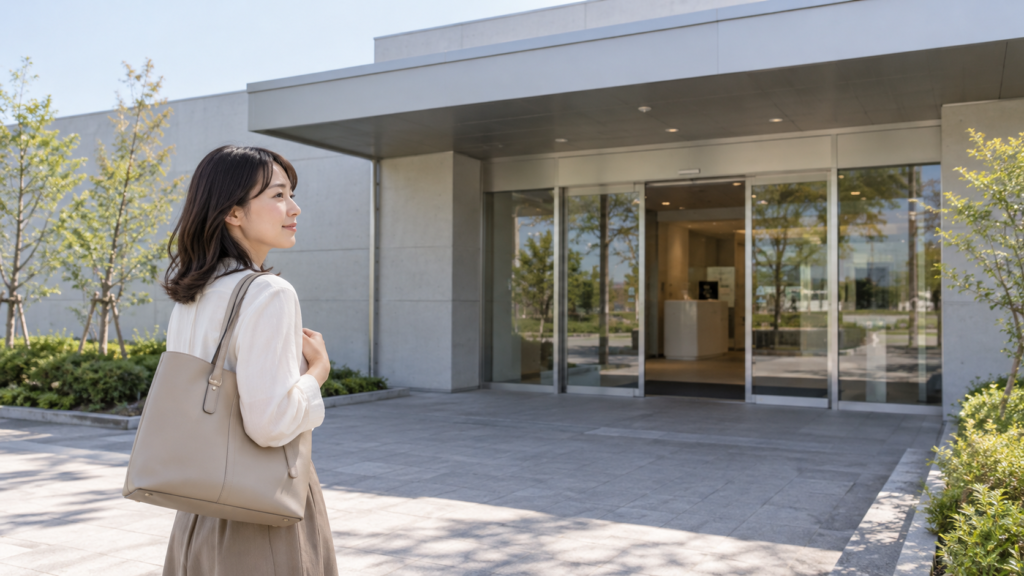 工場見学の一般的な入口へ一人で向かう来場者の架空イメージ