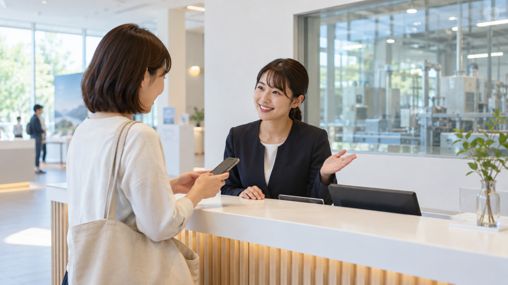 一人参加者が受付で予約内容を確認する架空イメージ