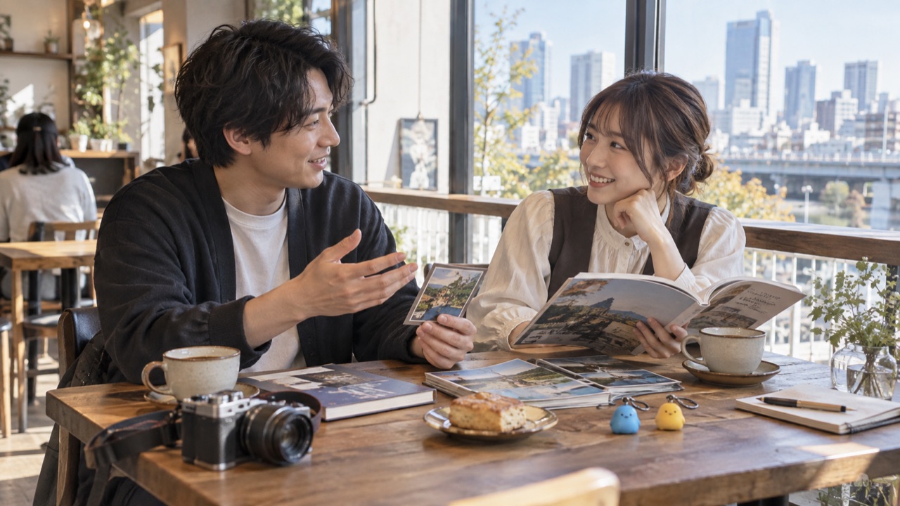 カフェで趣味の話を楽しむ二人