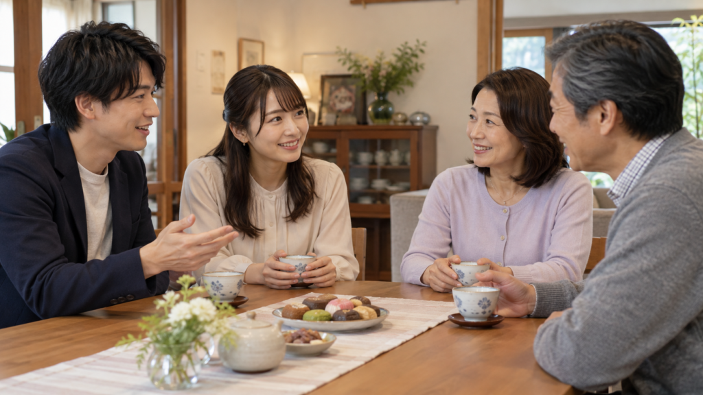 お茶を囲み恋人も一緒に会話する家族のイメージ