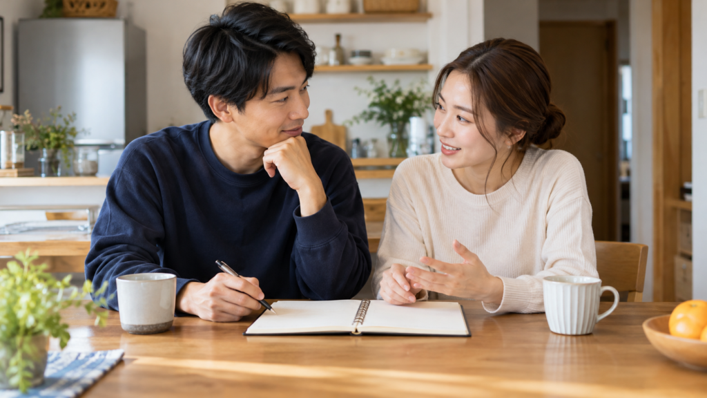 訪問前に恋人と段取りを相談する二人
