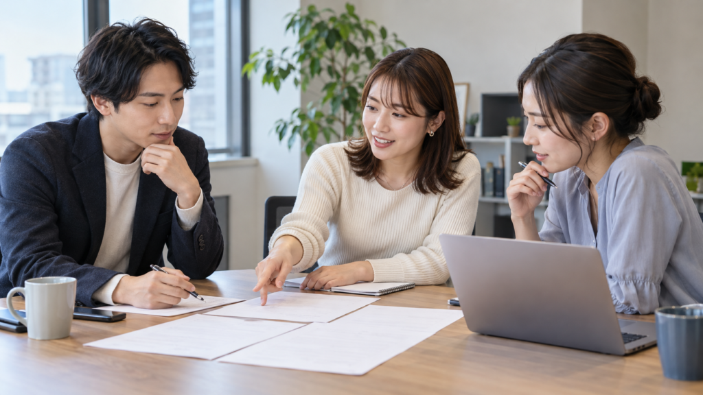 予算と担当範囲を社内で確認する打ち合わせのイメージ