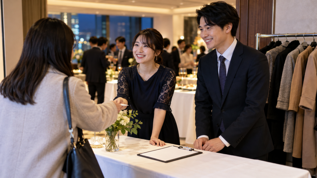 受付と案内を分担する幹事たちのイメージ