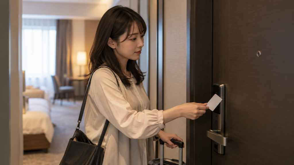 受け取ったカードキーを持って客室へ向かう旅客