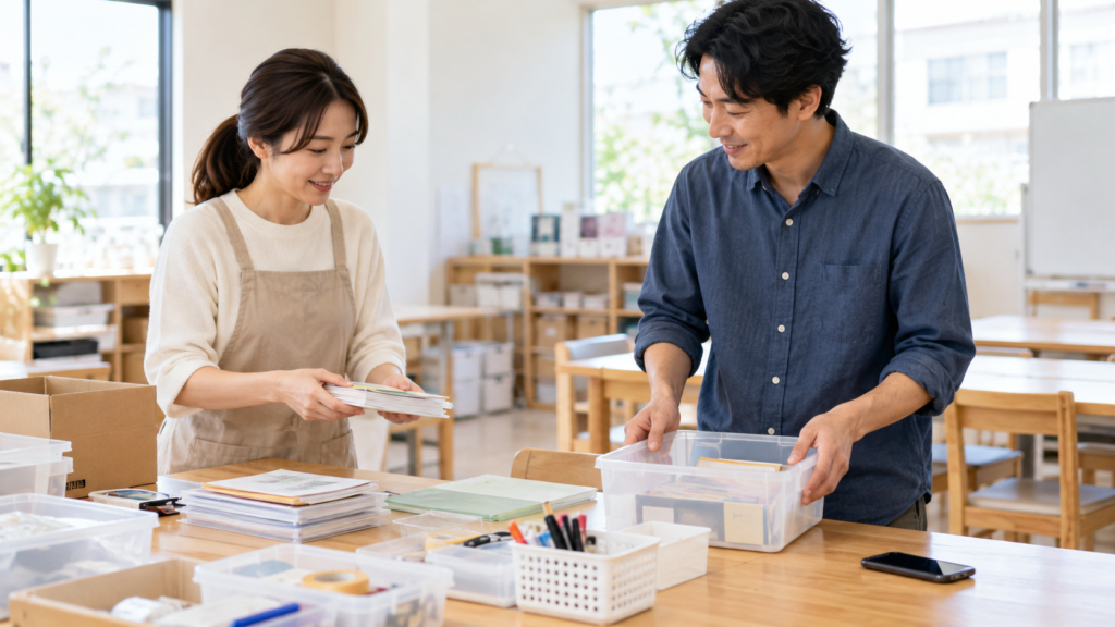 活動後に道具を片付けながら担当者と確認する人