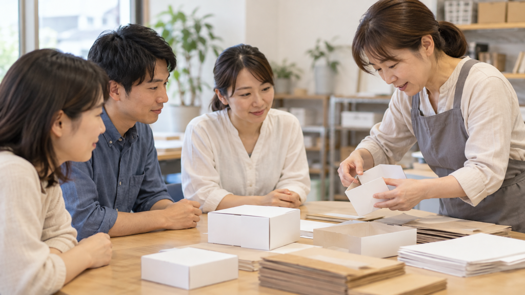 初参加者がスタッフの作業説明を聞く様子