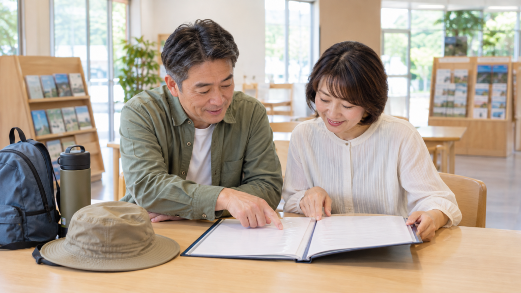 活動前に担当者と案内資料を確認する手元