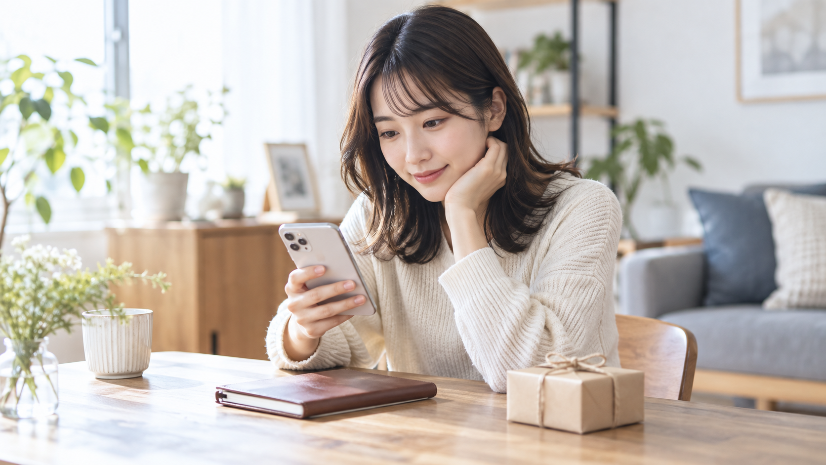 スマートフォンを見ながら友達への誕生日の連絡を考える人
