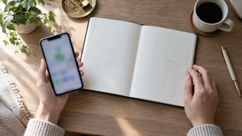 手帳の日付とスマートフォンを確かめる手元