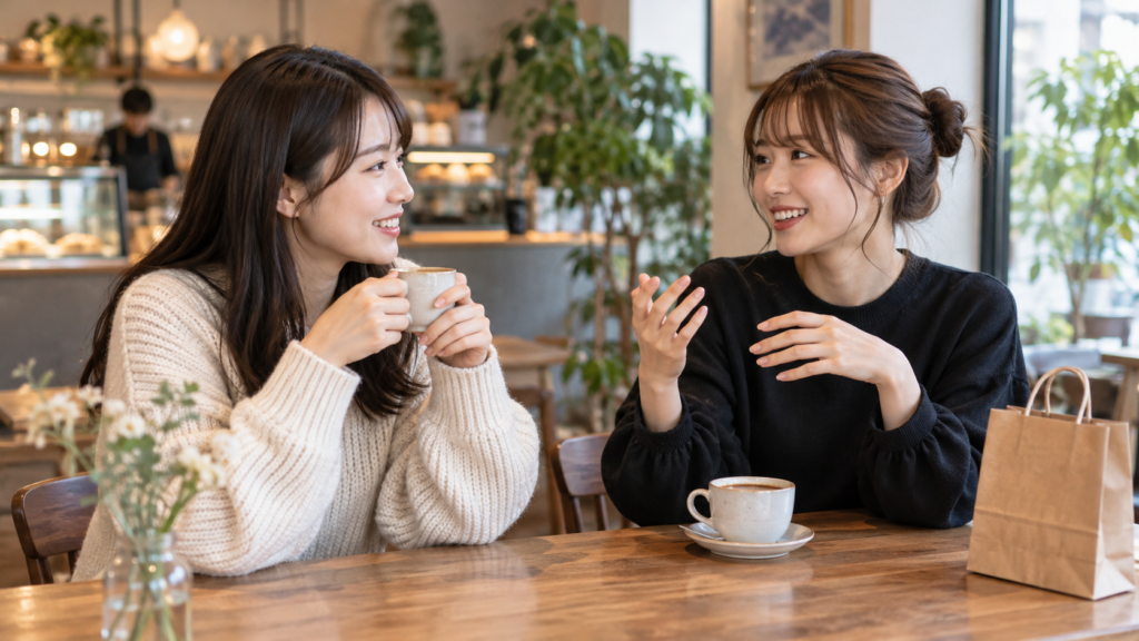 カフェでお祝いの過ごし方を相談する友人二人