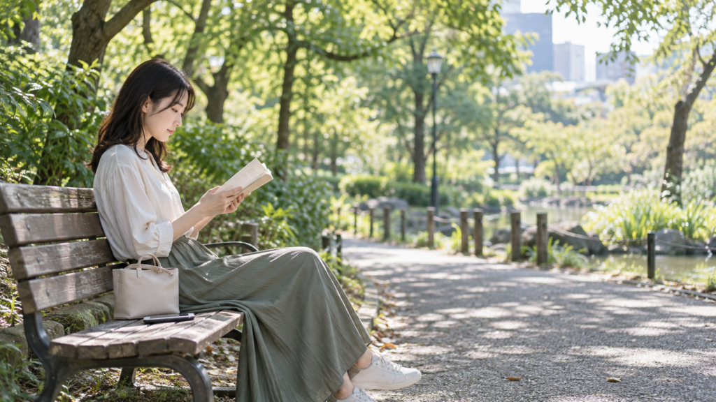 スマートフォンから離れて公園で本を読む人