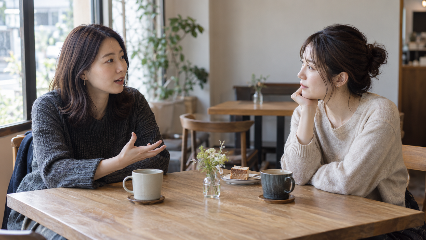 カフェで向かい合い落ち着いて話を聞く二人の友人