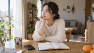 スマートフォンとノートを前に友達との付き合い方を考える女性