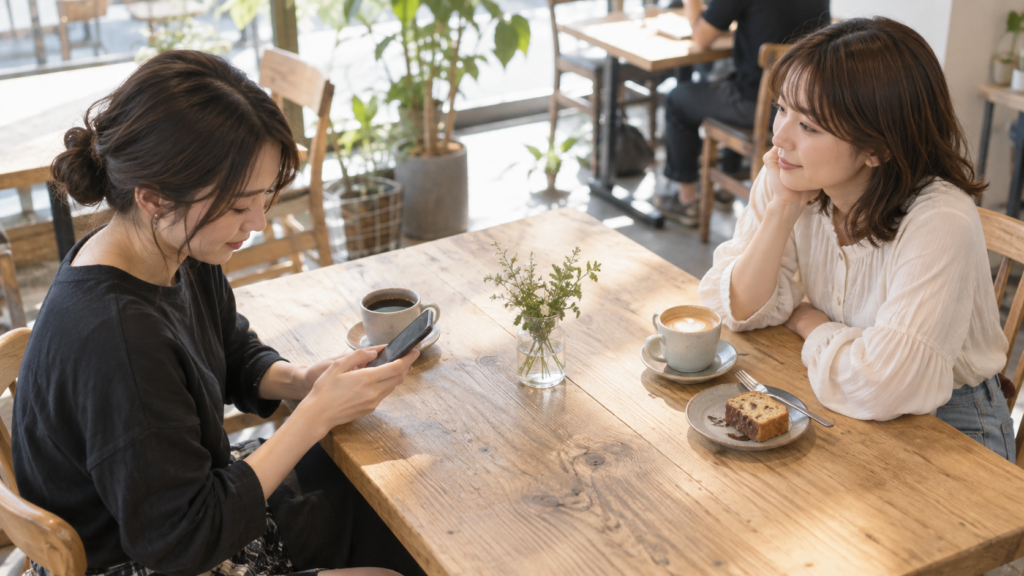 カフェでスマホを見ている友達と会話を待つ人