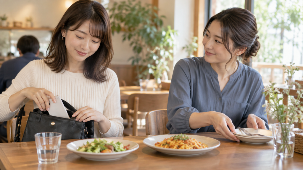 料理が届いてスマホをバッグにしまう手元