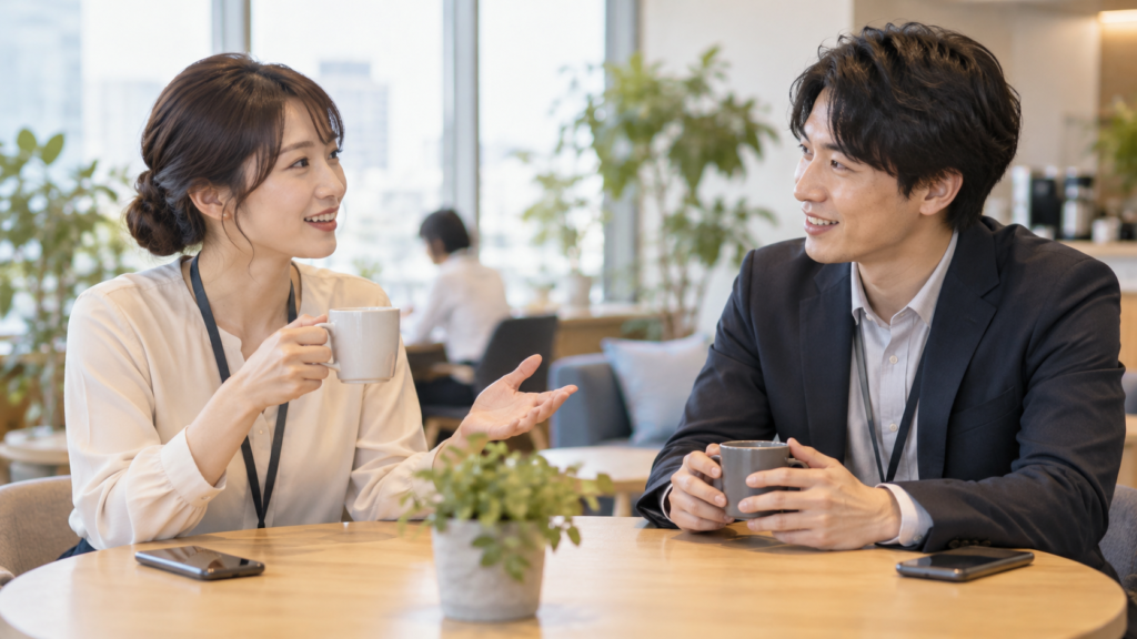 職場の休憩スペースでスマホを伏せて会話する友人