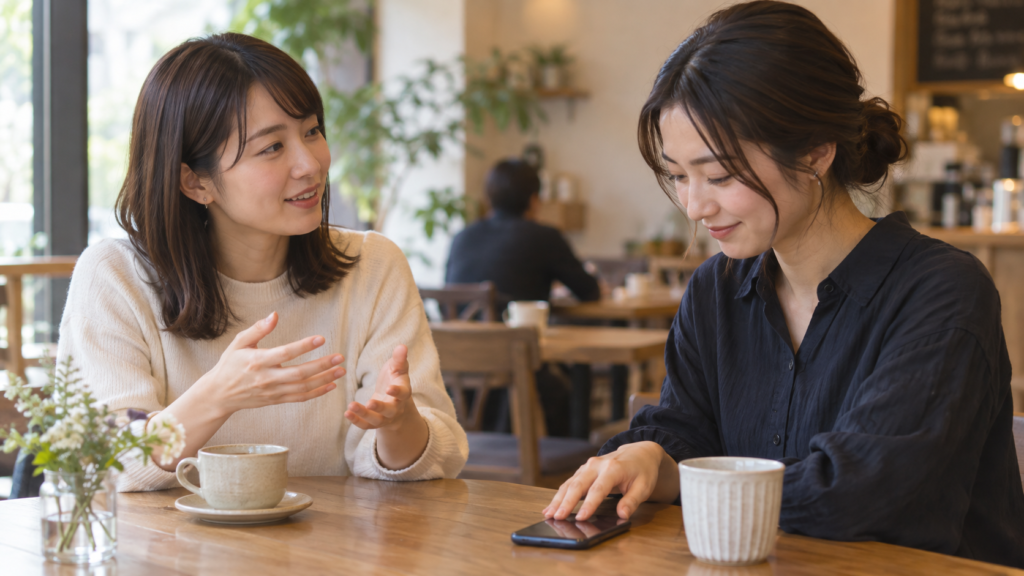 スマホを伏せ直して友達との会話に戻る場面