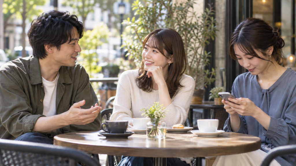 屋外カフェで会話する友達と連絡を確認する友達