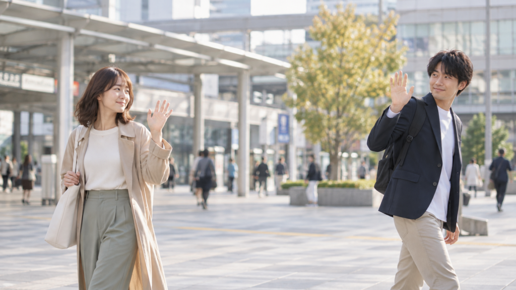 駅前で挨拶して短い時間で別れる友人二人
