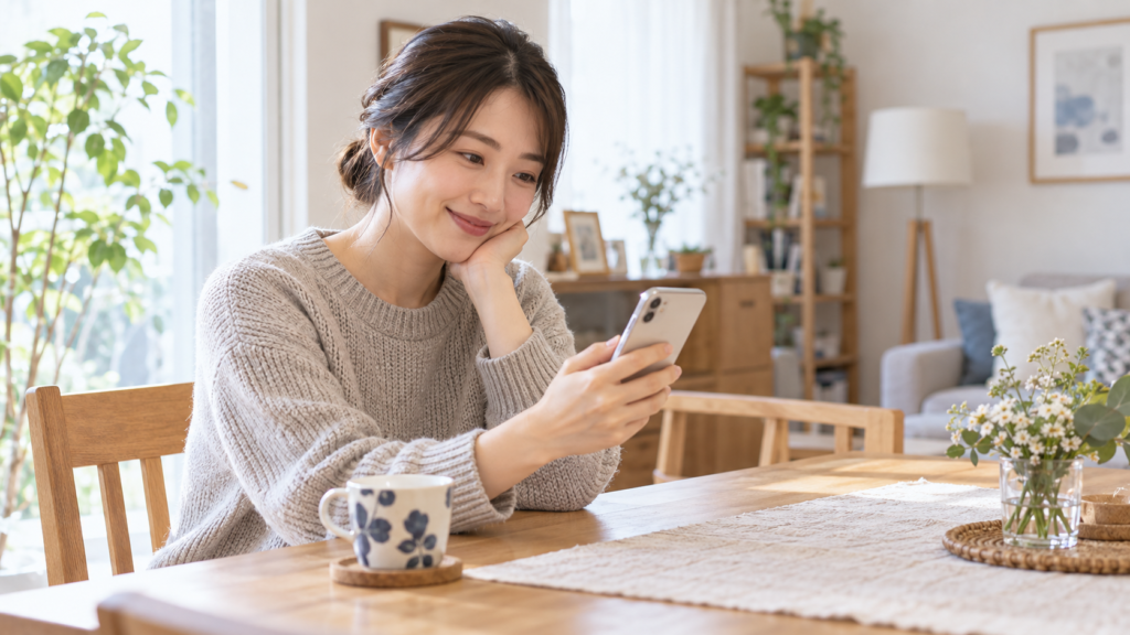 友達からの知らせを受けて自宅で返信を考える人