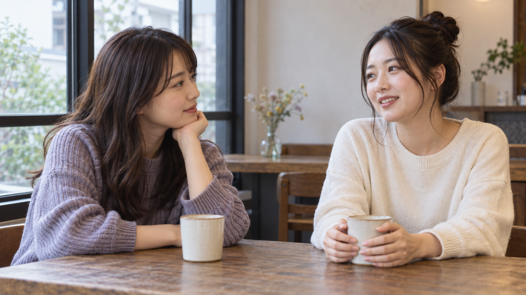 落ち着いた雰囲気で向かい合う二人の友達