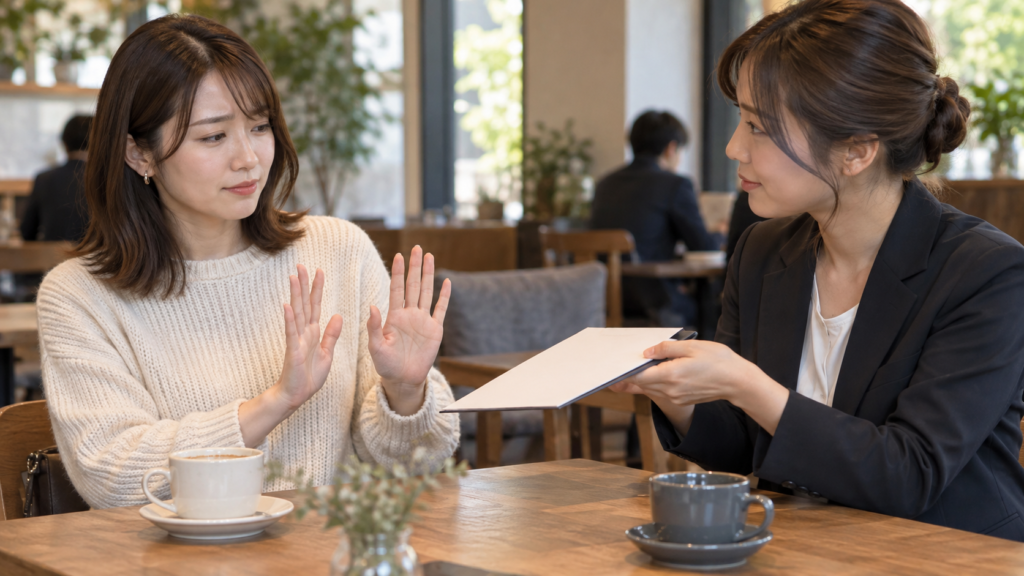 友人が差し出す案内資料に手を添えず、穏やかに断る人