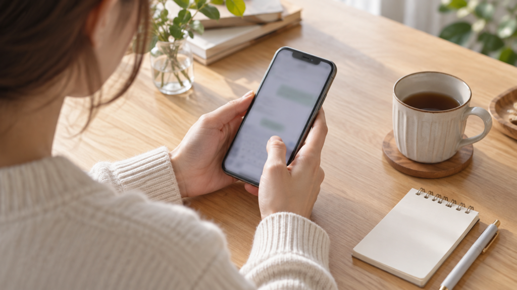 スマートフォンで友達への返信を考える人の手元