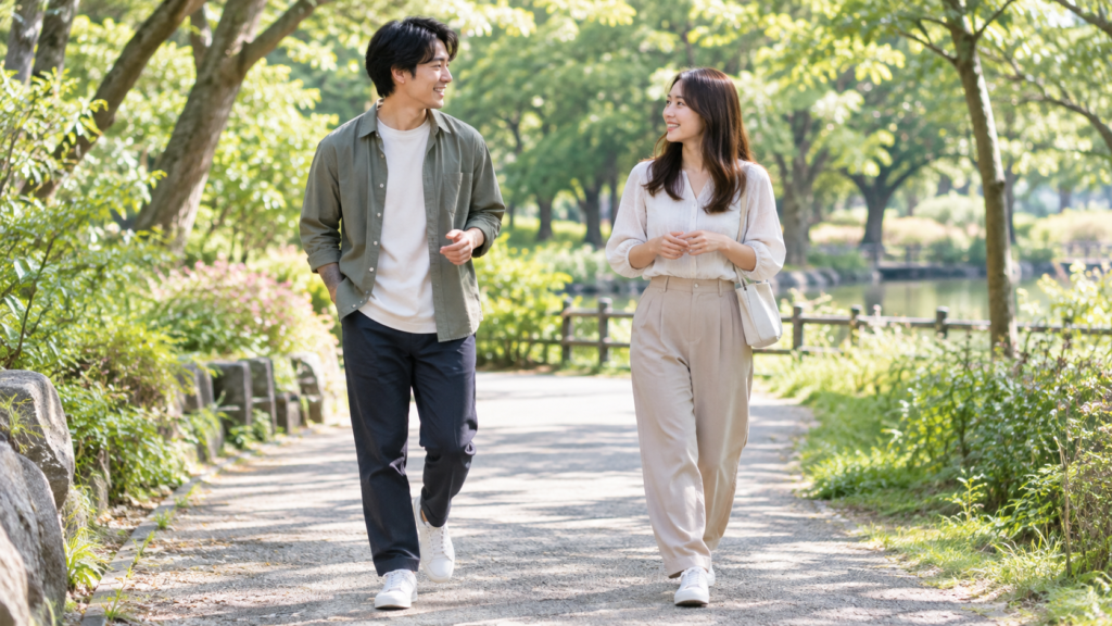 商品や書類を持ち込まず公園で近況を話す二人の友人