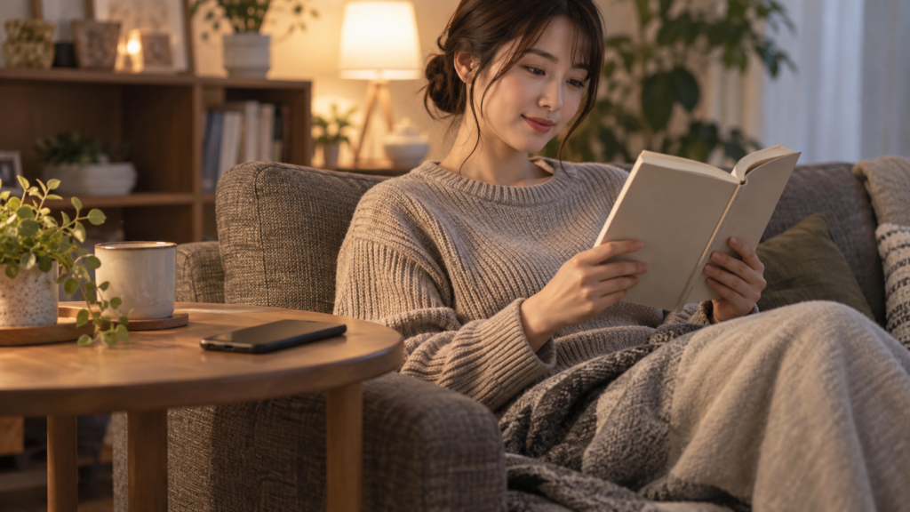 スマートフォンを伏せて置き、自分の読書時間に戻る人