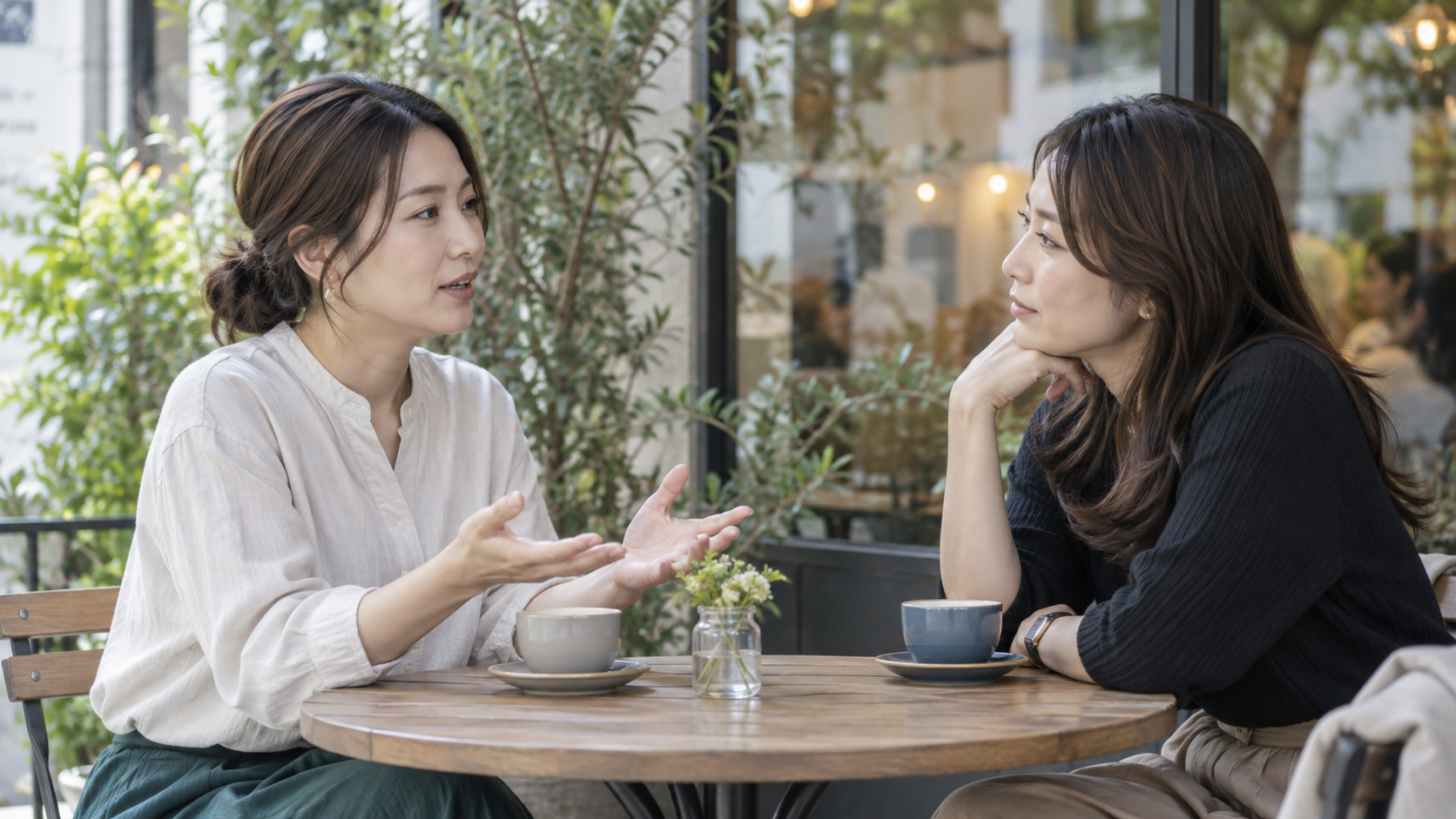 カフェのテーブルで落ち着いて会話する二人の女性