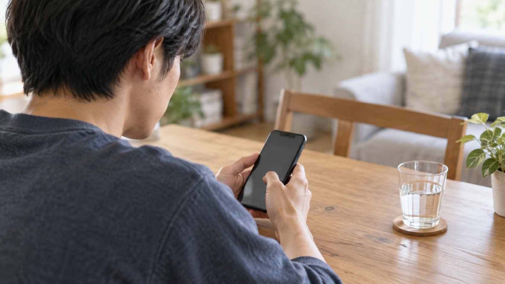 自宅のテーブルでスマートフォンを操作する男性