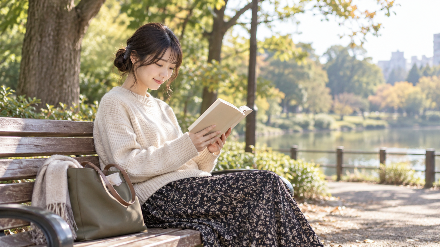 公園のベンチで一人で読書を楽しむ女性