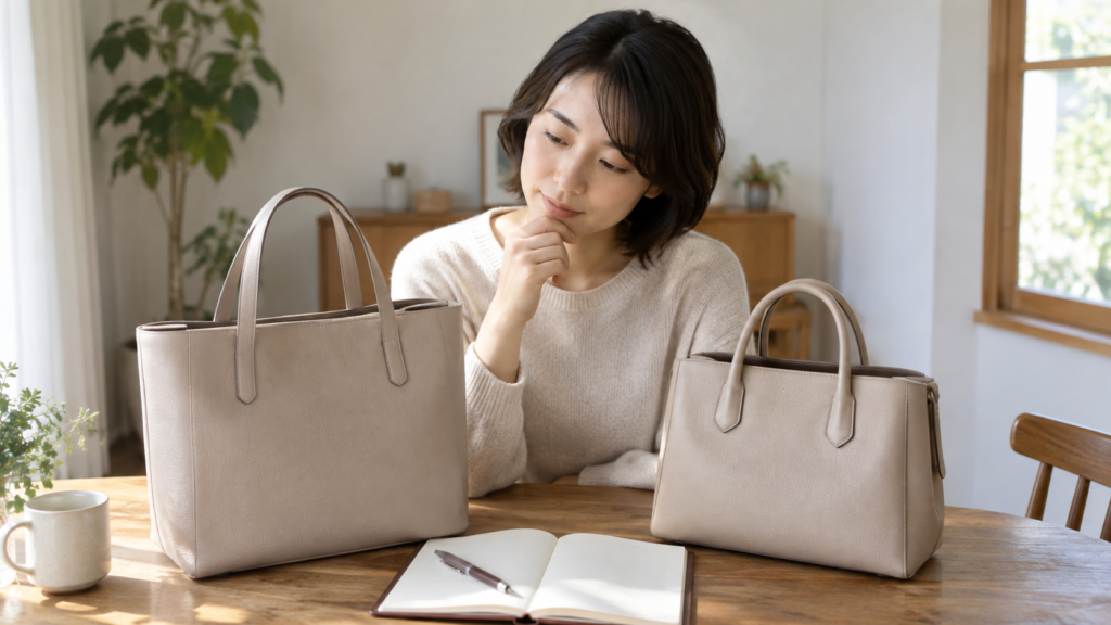 似た色のバッグを見ながら考える人