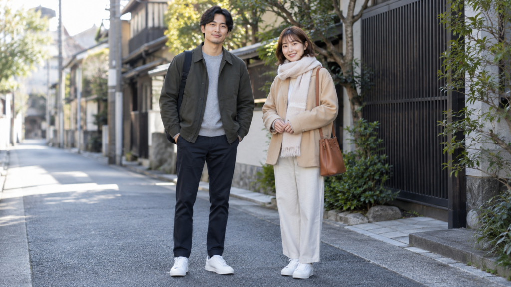 同じスニーカーを別々の服装に合わせた二人