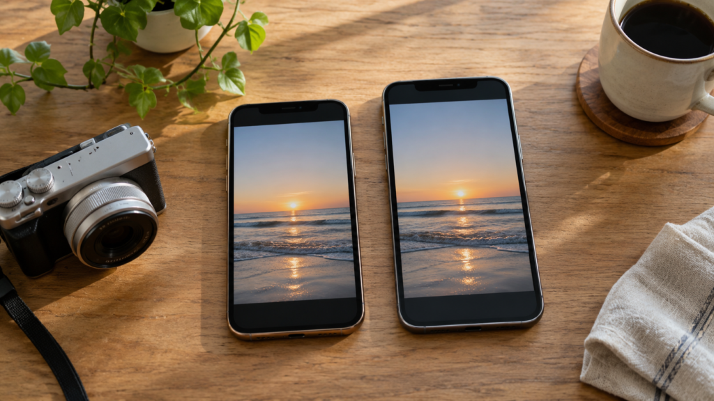 カメラと写真を表示した二台のスマートフォン