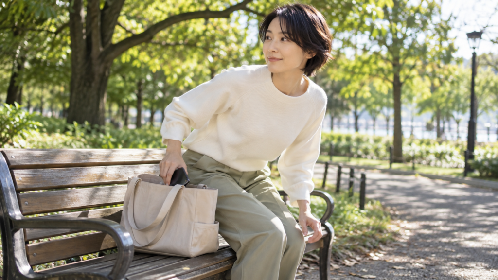スマートフォンをしまって公園を歩き出す人