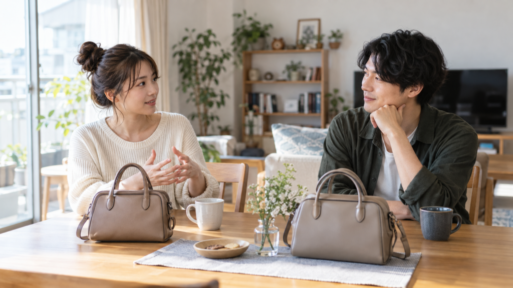 似たバッグを前に落ち着いて話す二人