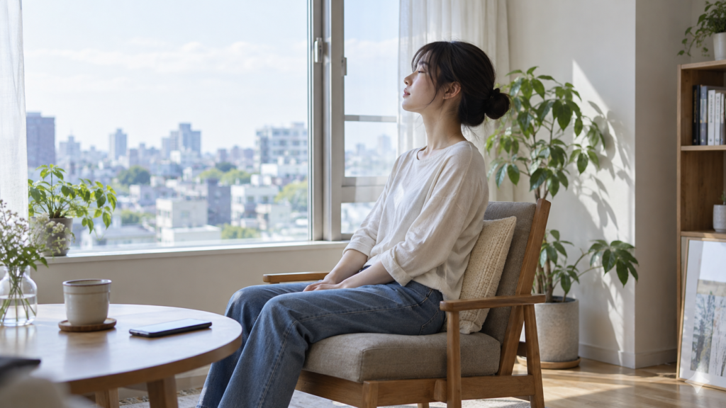 スマートフォンを伏せて窓辺で落ち着く人