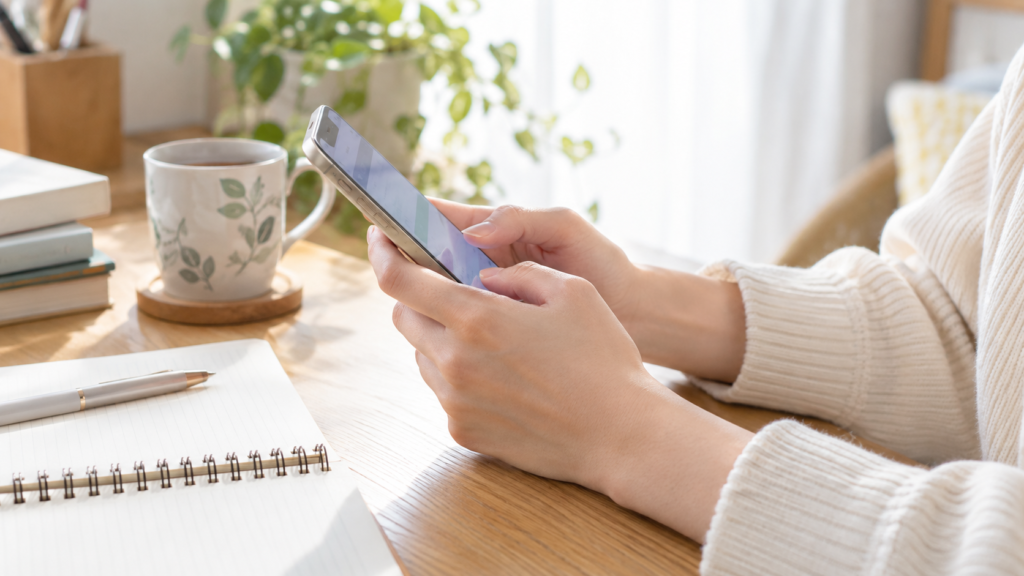 謝罪のメッセージを考えながらスマートフォンを持つ手元