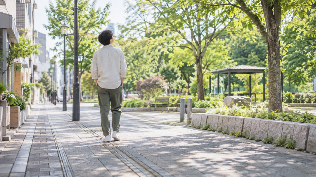 スマートフォンをしまって散歩する人
