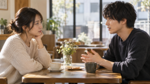 カフェで落ち着いて話す二人の友達